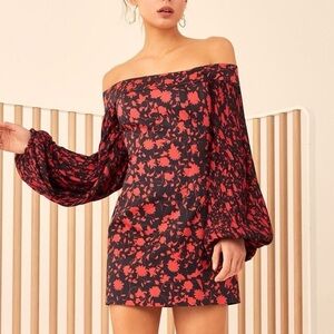 C/Meo Only With You Off The Shoulder Balloon Sleeve Floral Print Mini Dress